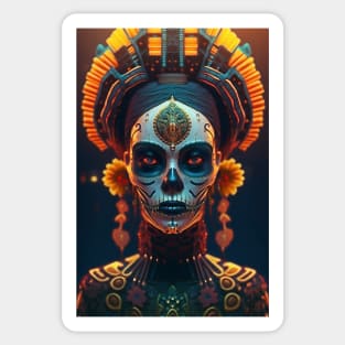 Day of the Dead Cyperpunk Beauty with Futuristic Cityscape - Ultra Realistic Sticker